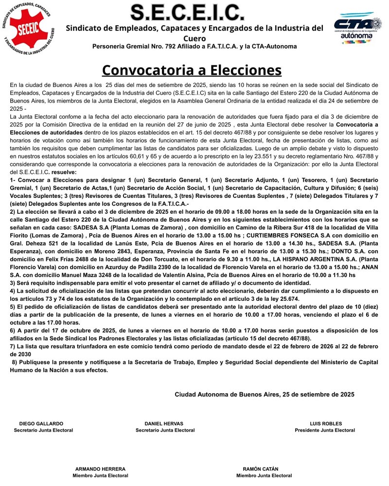 Convocatoria Oficial a Elecciones S.E.C.E.I.C. 2025 Convocatoria Oficial a Elecciones S.E.C.E.I.C. 2025